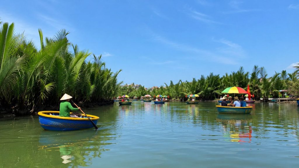 Colorful basket boats floating on calm water through the lush coconut forest in Hoi An