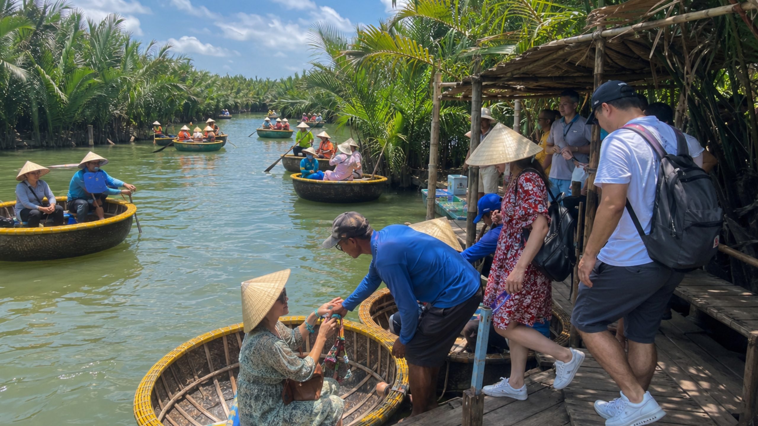 Tourists boarding traditional basket boats at a wooden dock in Hoi An Coconut Village, with local guides assisting and coconut palms along the river.