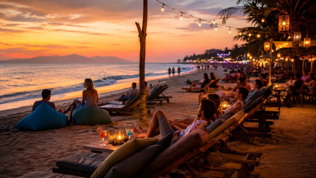 Travelers choosing their Hoi An nightlife experience while looking at a phone beside a lantern-lit riverside street, with food stalls, live music, boats, and glowing reflections on the water.
