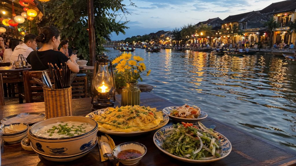 Riverside dinner table in Hoi An Ancient Town at dusk with local Vietnamese dishes, a glowing lantern, yellow flowers, and river views.