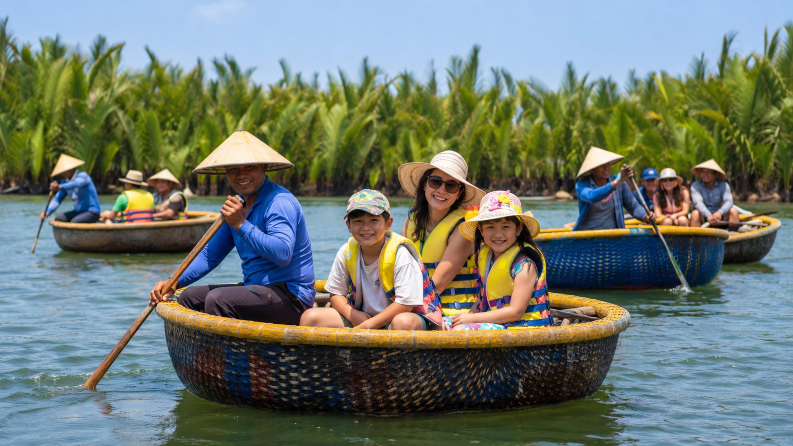 Family enjoying a basket boat ride with local guide in Hoi An Coconut Village, Vietnam.