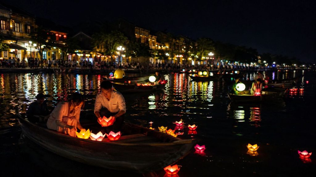 Visitors release glowing flower lanterns on the Hoai River at night, surrounded by reflections of colorful lights in Hoi An.
