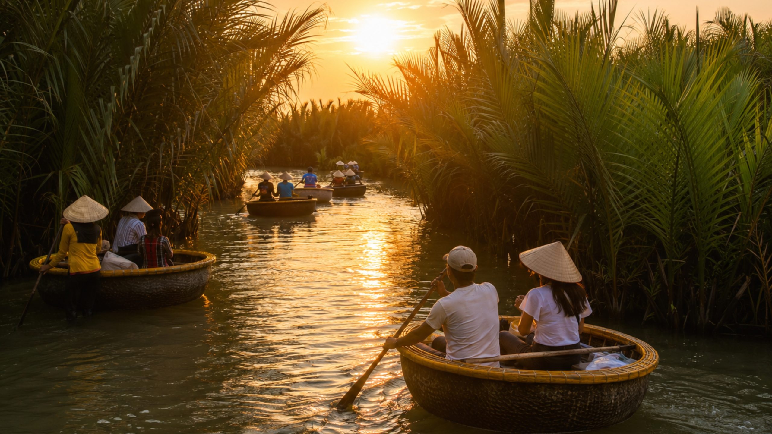 Basket boats floating through Bay Mau Coconut Forest at sunset, with warm golden light reflecting on the water and coconut palms on both sides.