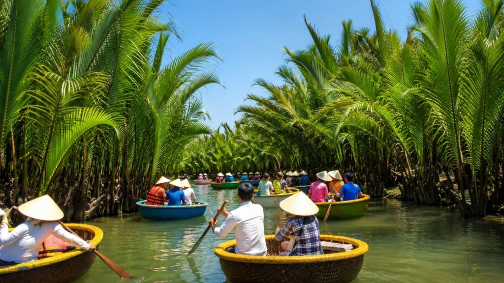 Best Cam Thanh Coconut Village Tour for a Unique Hoi An Experience 1 Basket boats floating through the lush coconut palms of Cam Thanh Village.