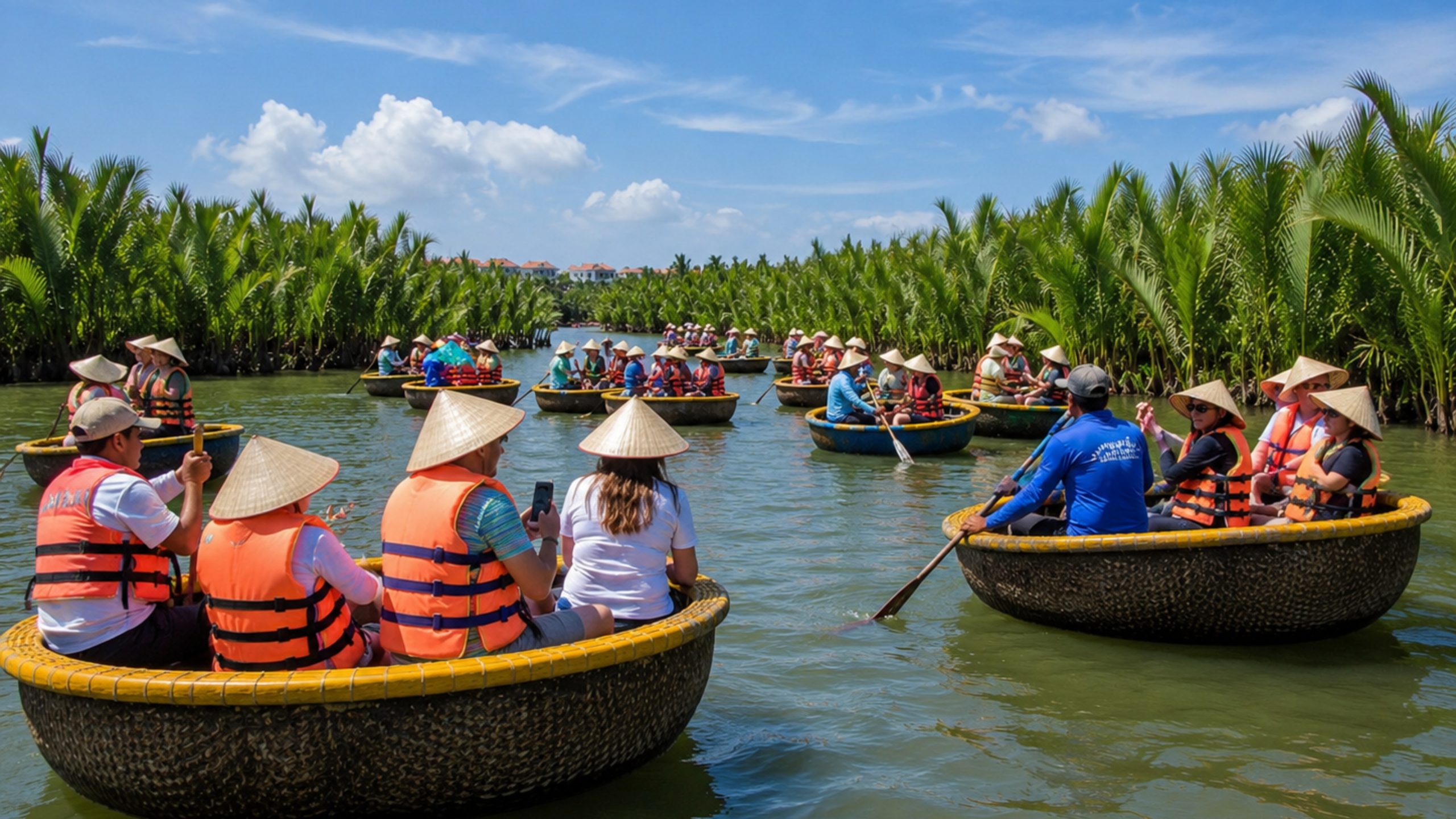 Tourists wearing life jackets and conical hats riding traditional basket boats through Bay Mau Coconut Forest in Hoi An.