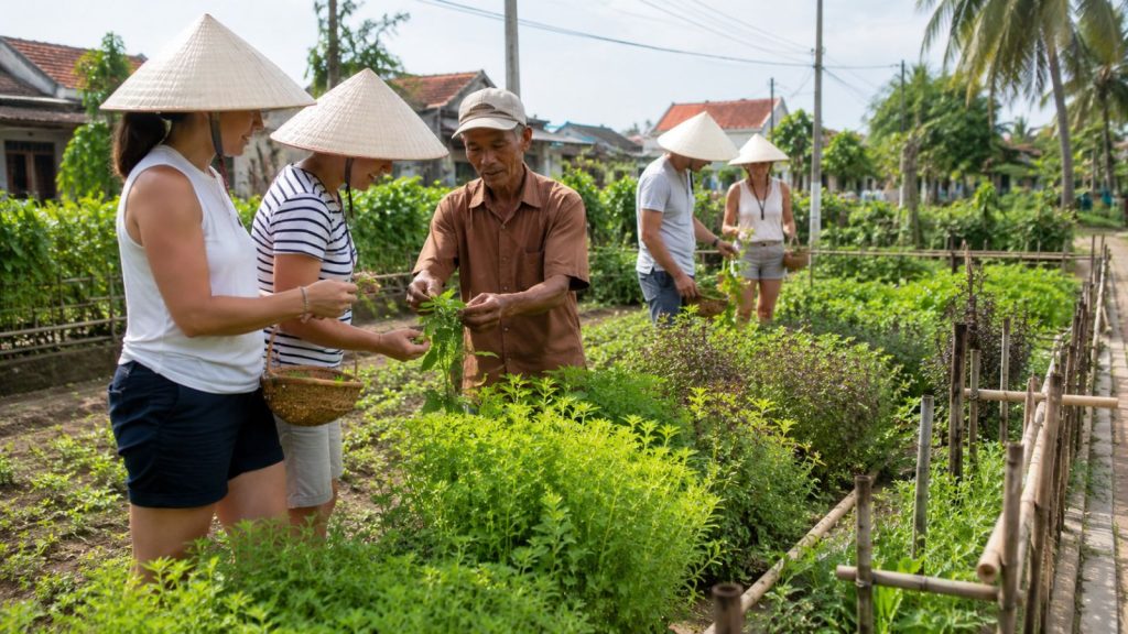Travelers explore a local herb garden with a Vietnamese farmer while learning about fresh ingredients in Cam Thanh.