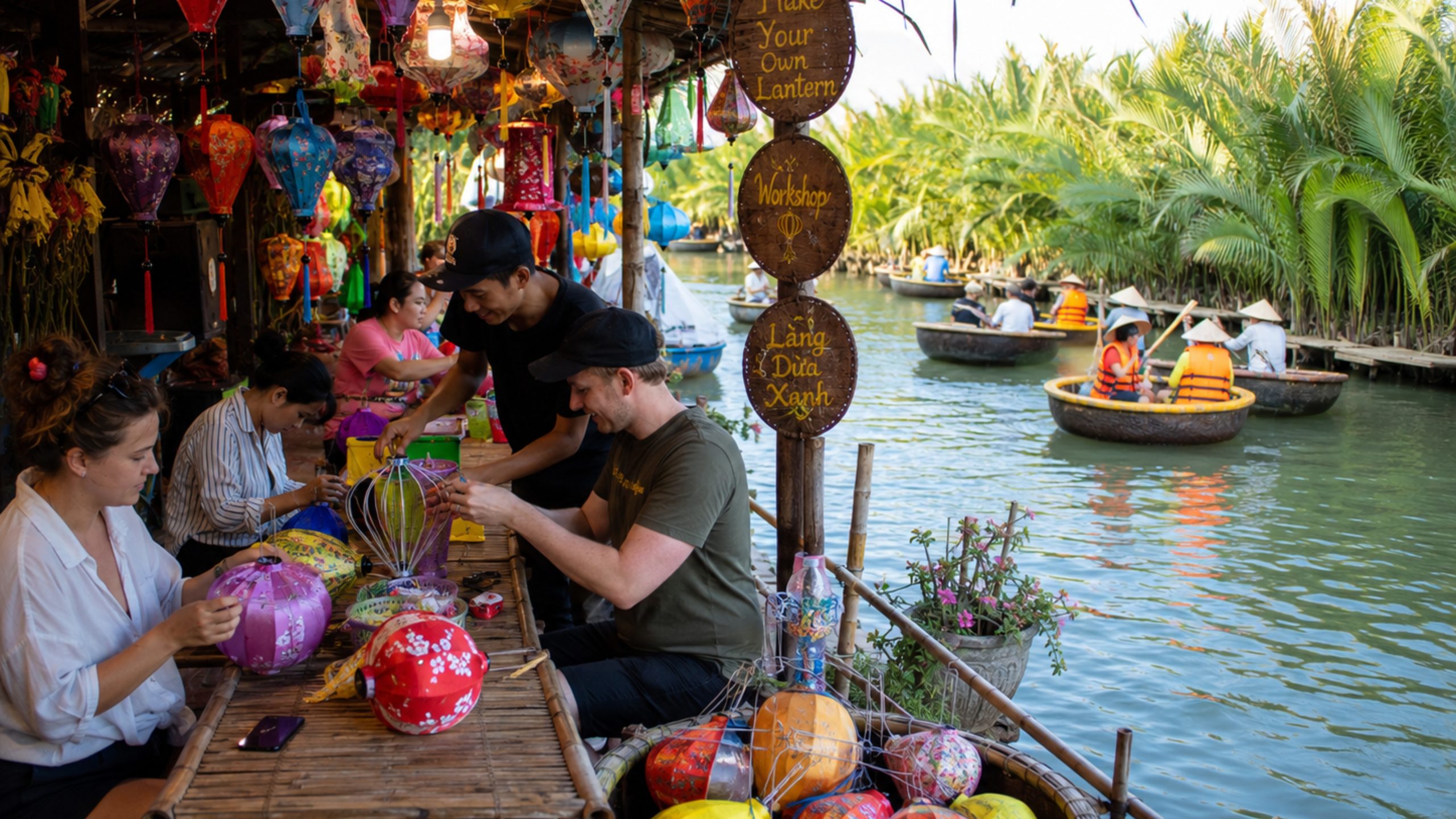 Visitors making colorful Vietnamese lanterns at a riverside workshop while basket boats pass through the coconut forest canal.