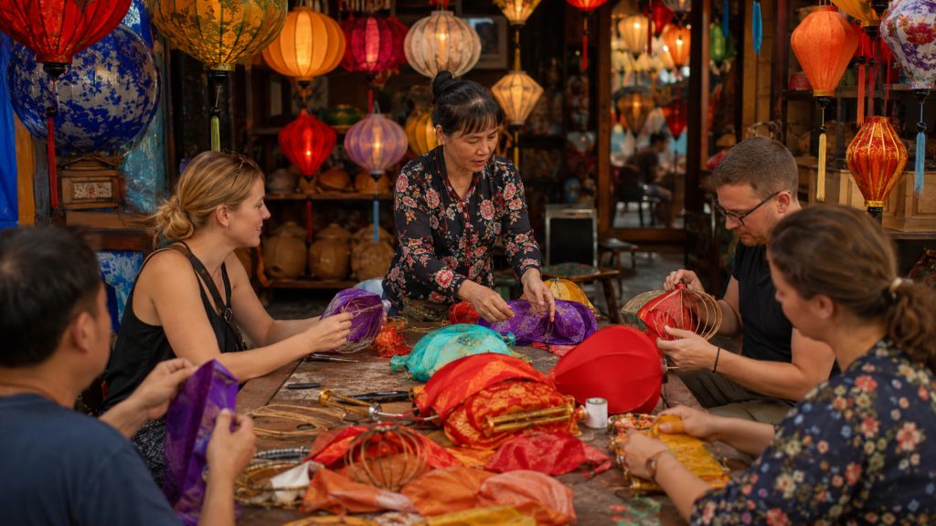 ourists joining a Hoi An lantern making workshop, guided by a local artisan and surrounded by colorful handmade lanterns.