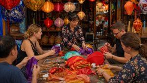 ourists joining a Hoi An lantern making workshop, guided by a local artisan and surrounded by colorful handmade lanterns.