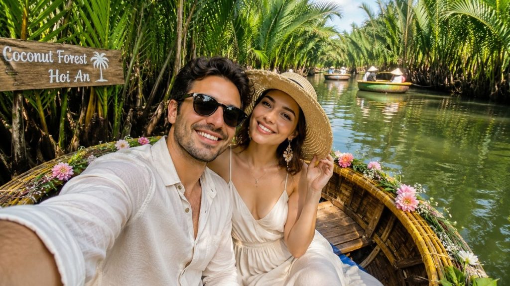 Couple taking a selfie in a round basket boat among coconut palms.