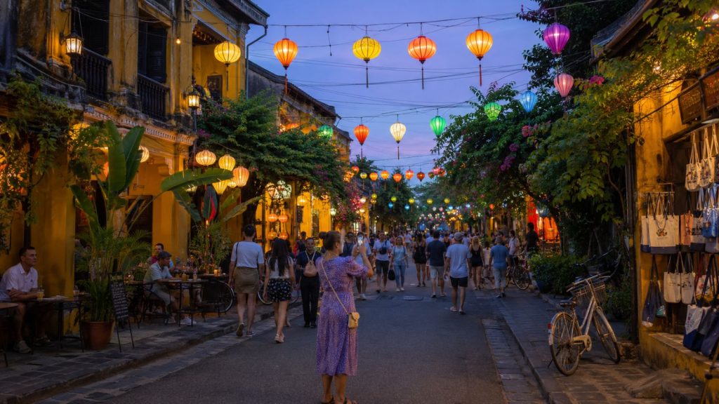 Hoi An Ancient Town glows at twilight with colorful lanterns hanging above a lively pedestrian street filled with visitors.