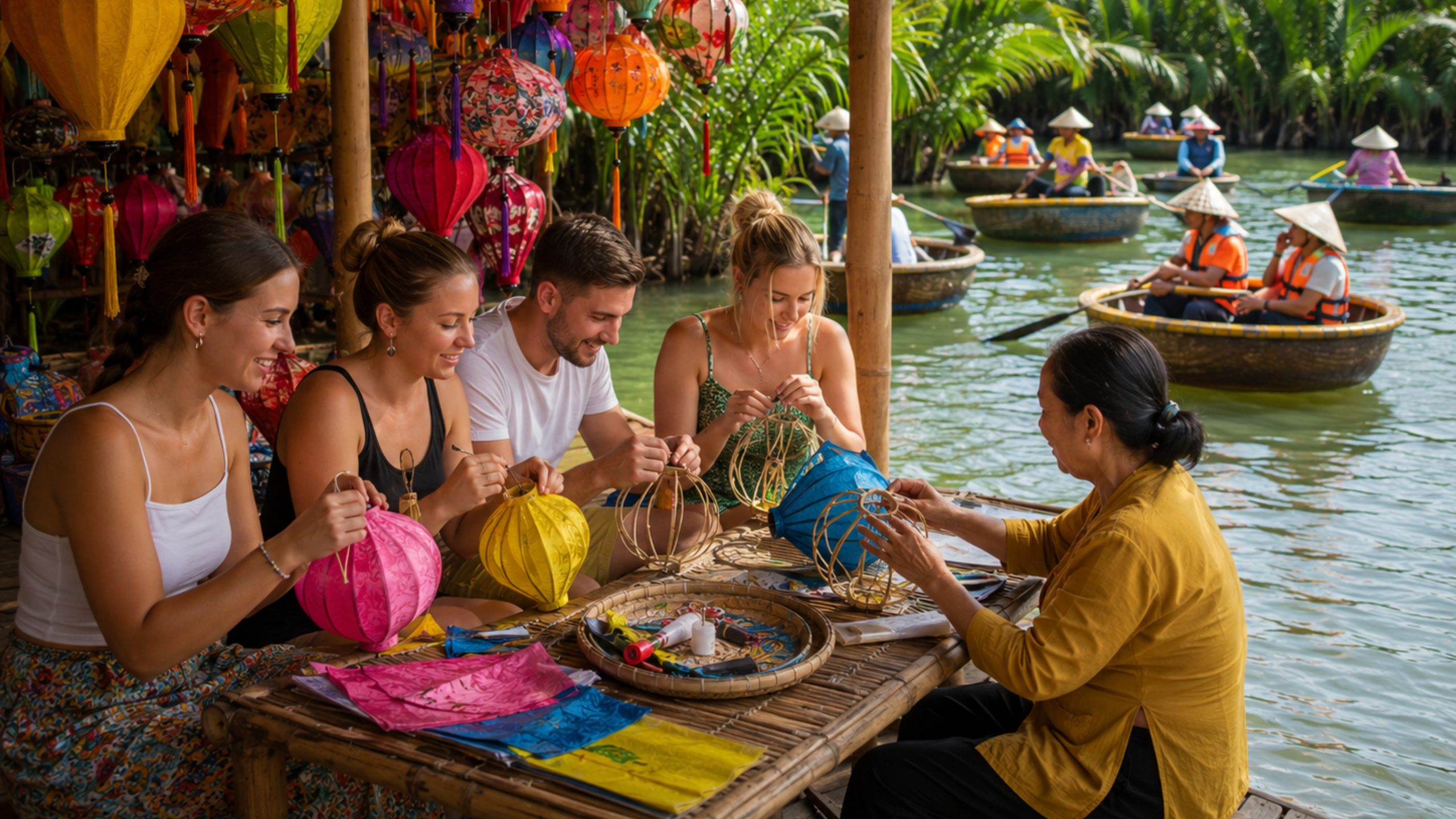 Tourists joining a lantern making workshop beside the coconut river in Hoi An, with colorful lanterns and basket boats in the background.
