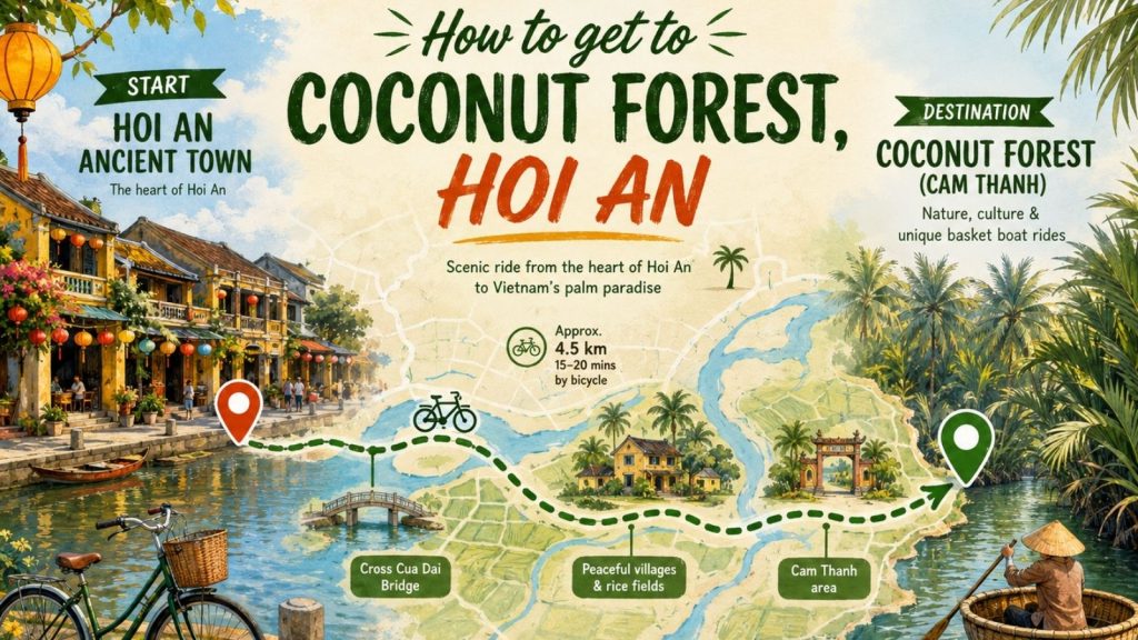 Illustrated map showing the route from Hoi An to Coconut Forest with landmarks.