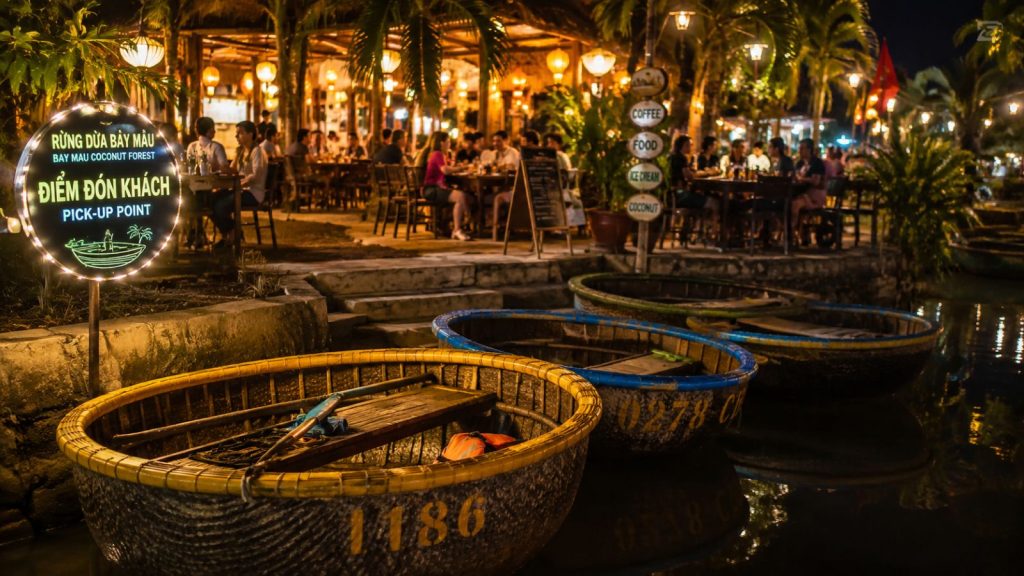 Basket boats are moored beside a lantern-lit riverside pick-up point at Bay Mau Coconut Forest in Hoi An at night.