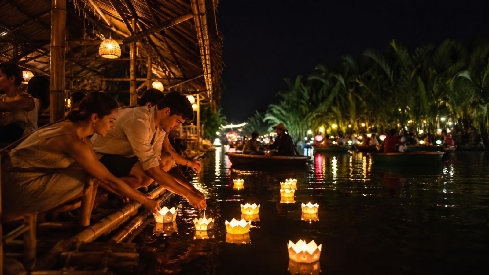 Hoi An Full Moon Lantern Festival Activities 4 Releasing peaceful lanterns on the river waterways in Hoi An