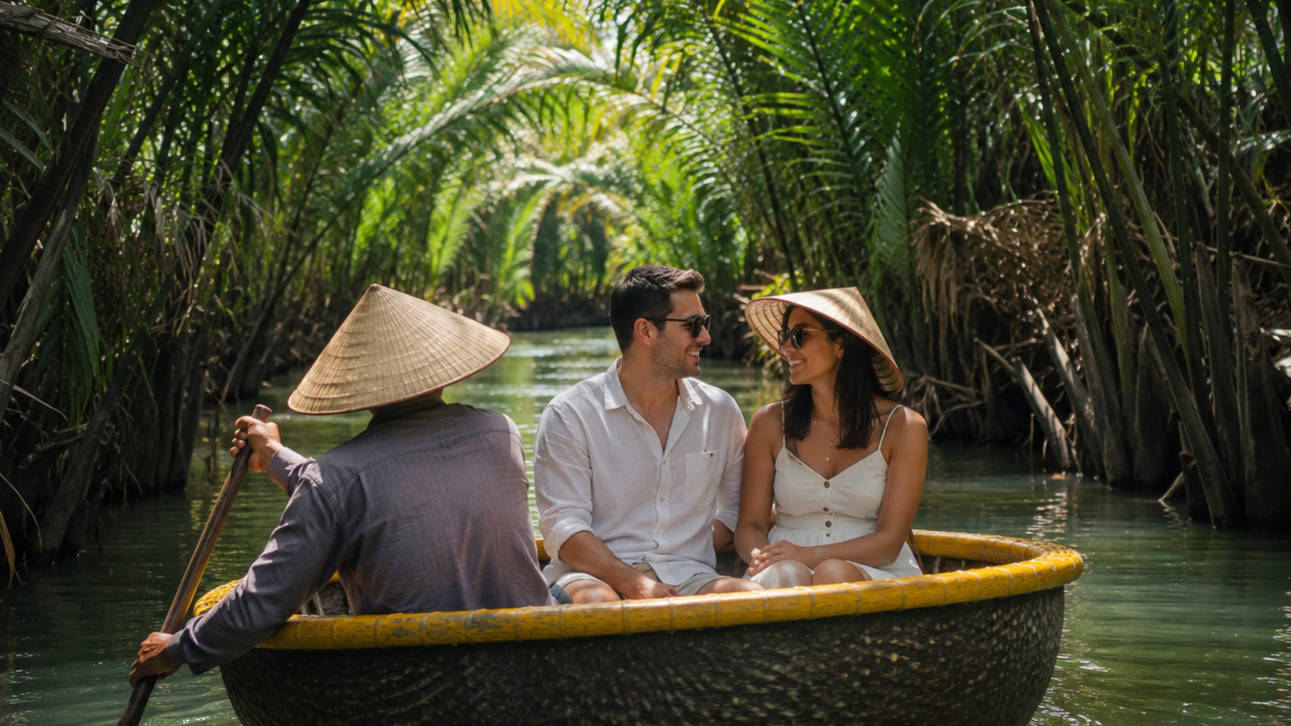 A couple enjoying a peaceful basket boat ride with a local guide through the shaded coconut forest waterways in Hoi An.