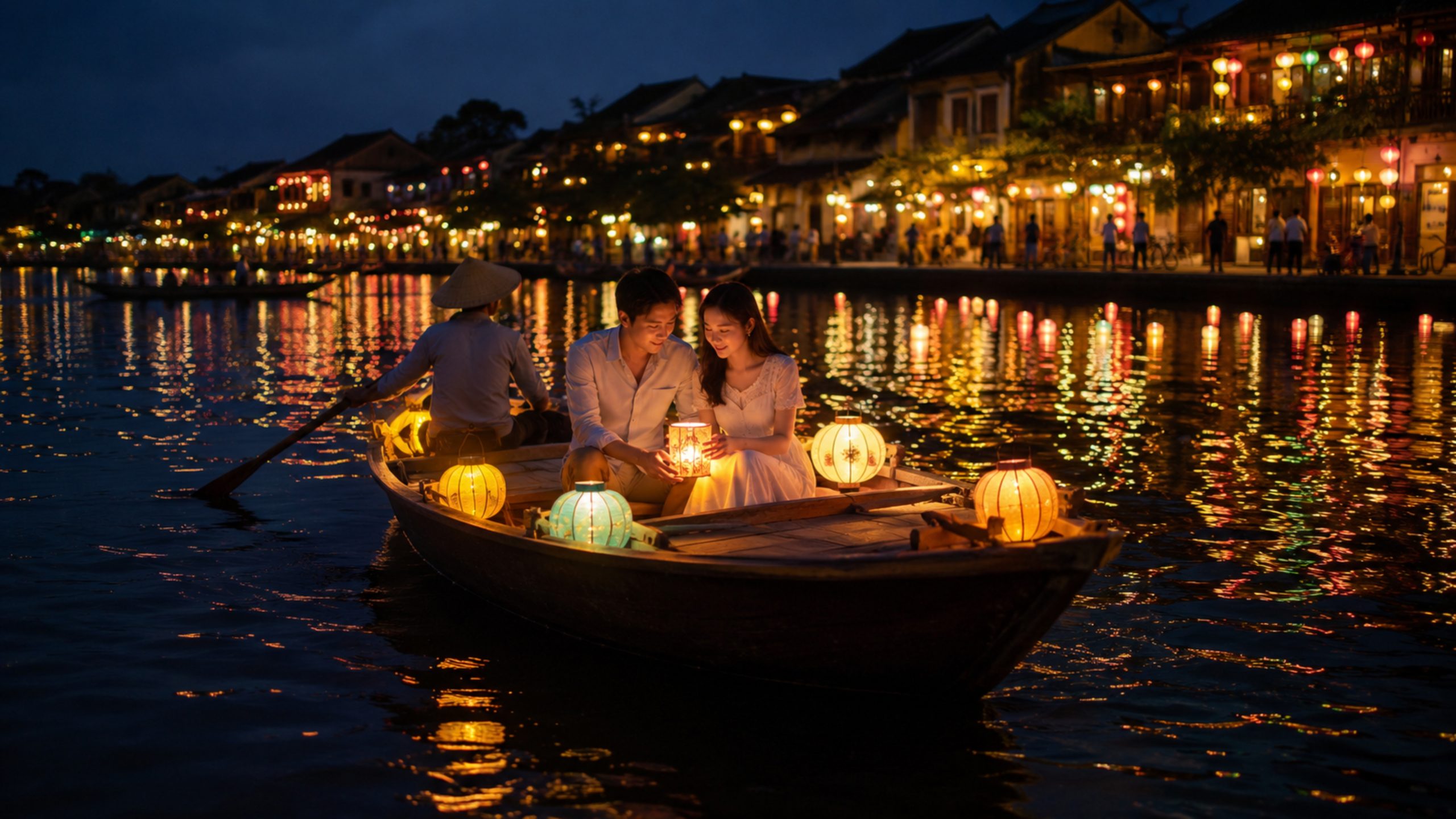 Hoi An Full Moon Lantern Festival Activities 1 Traditional wooden sampan boat ride illuminated by lanterns on the Hoai River