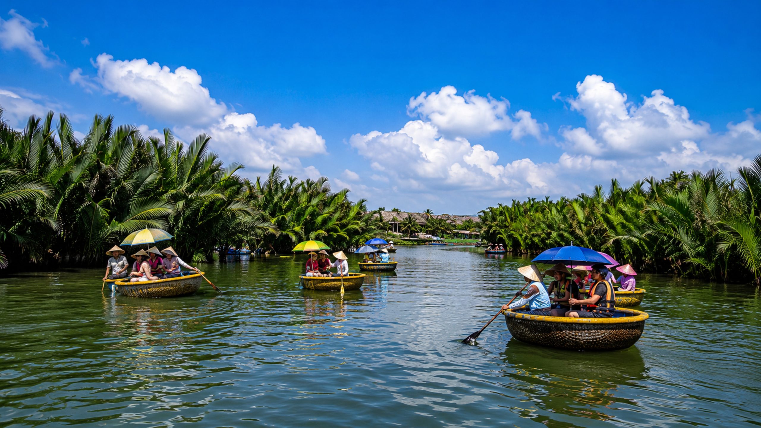 Tourists exploring Hoi An coconut forest by basket boat on a sunny day.