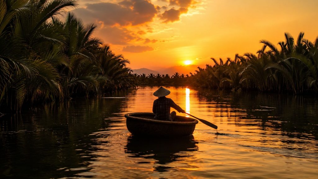 A traditional basket boat glides through Cam Thanh Coconut Forest at sunset, with a local rower silhouetted against golden river reflections.