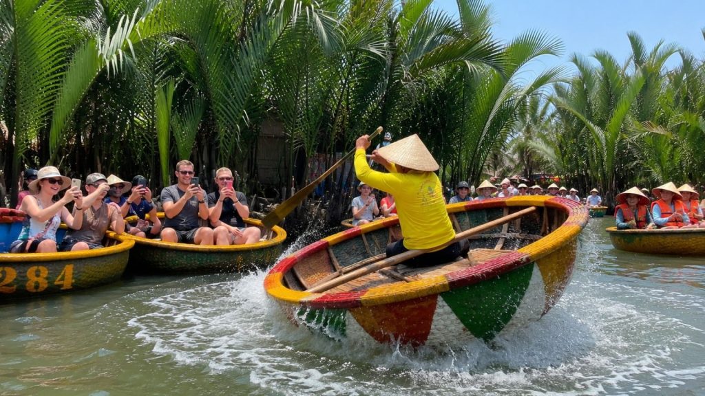 Tourists watching a local rower spin a basket boat, splashing water.