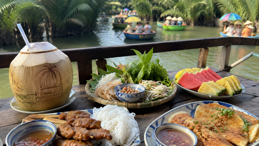 Local Vietnamese food served by the Bay Mau Coconut Forest waterway.