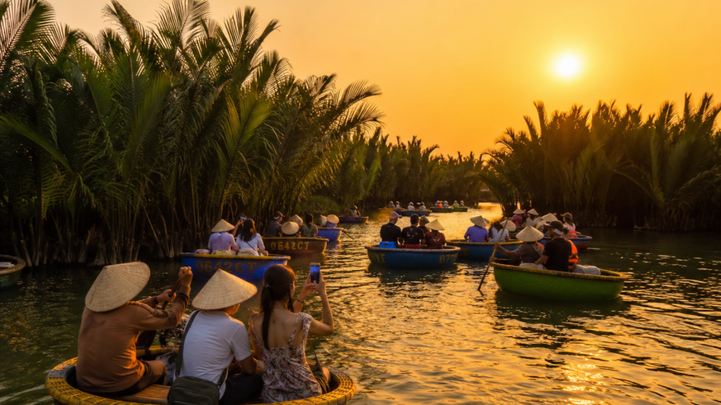 Sunset basket boat ride through Bay Mau Coconut Forest.
