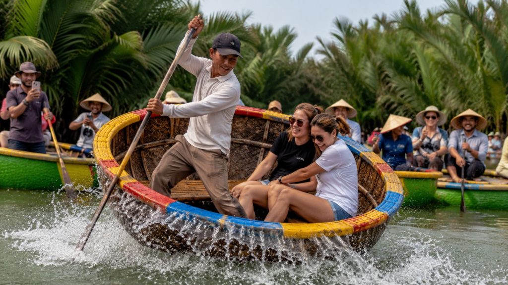 Tourists riding a round basket boat through the lush coconut forest waterways in Hoi An.