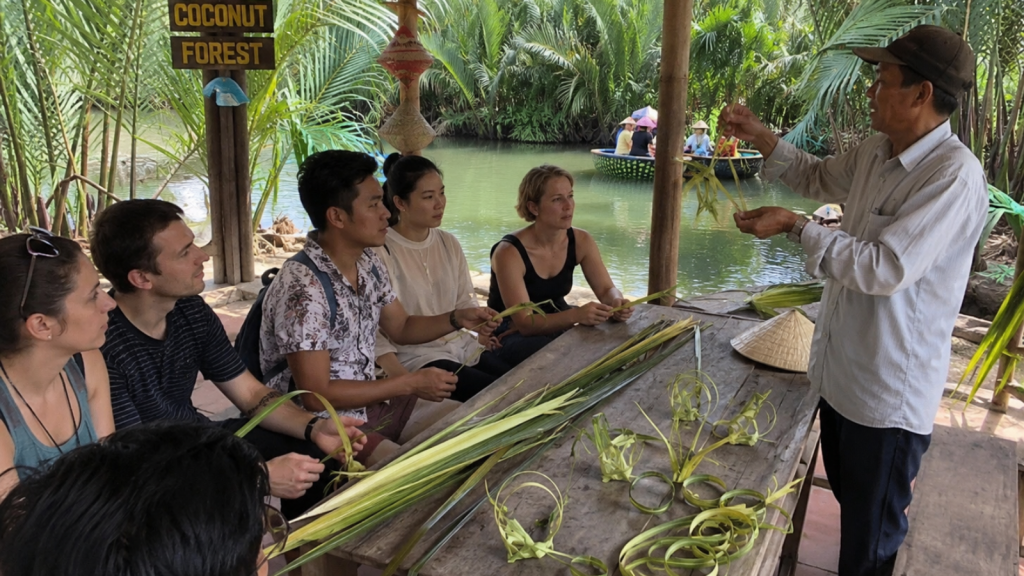 Travelers learning coconut leaf crafts at Bay Mau Coconut Forest.