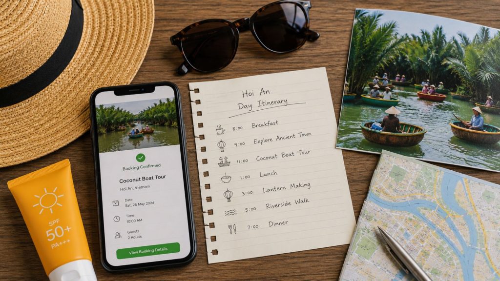 Hoi An day itinerary with coconut boat tour booking confirmation, map, sunglasses, and travel essentials.