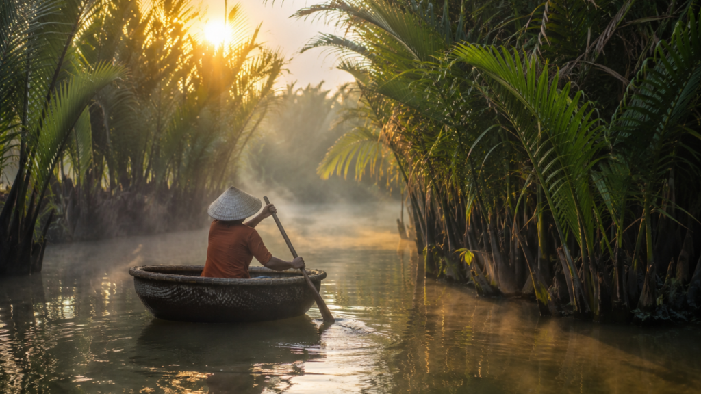 Peaceful basket boat ride through misty Bay Mau Coconut Forest.
