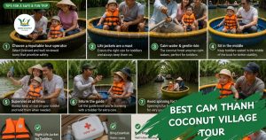Làng Dừa Xanh 4 Safety tips infographic for a Cam Thanh basket boat tour with toddlers.