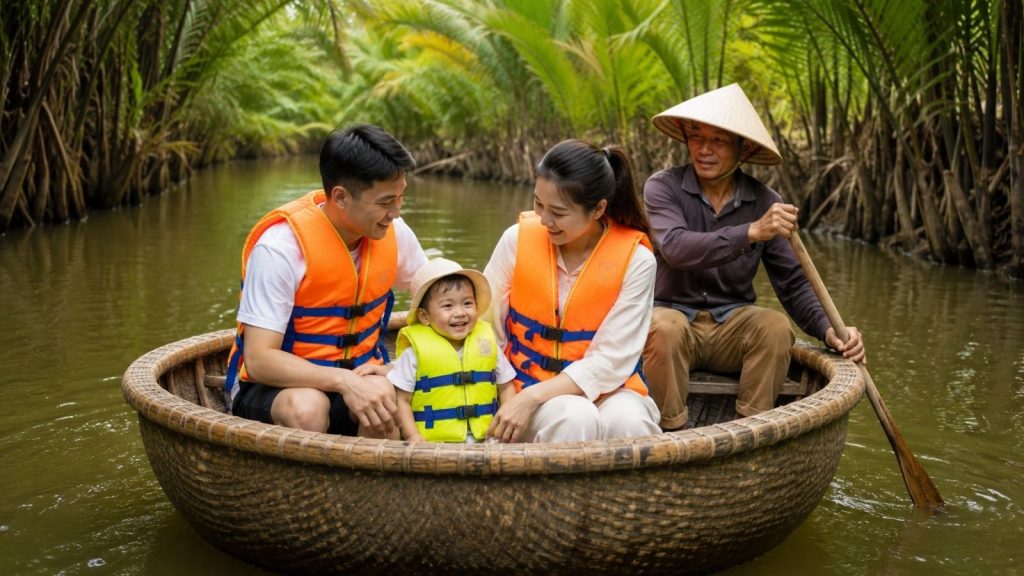 Parents and toddler wearing life jackets on a safe basket boat ride.