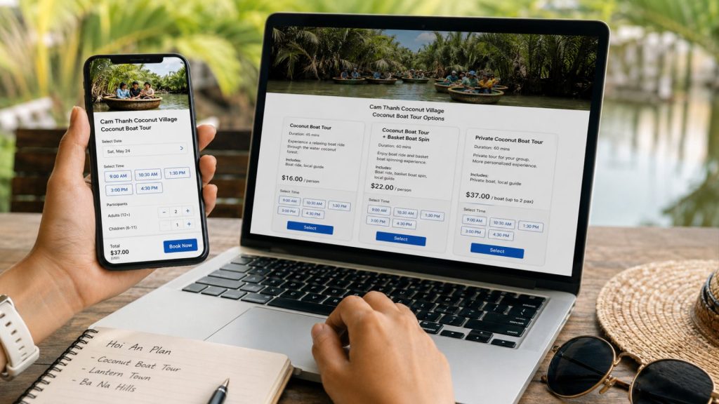 Traveler booking a Cam Thanh Coconut Village coconut boat tour on laptop and smartphone.