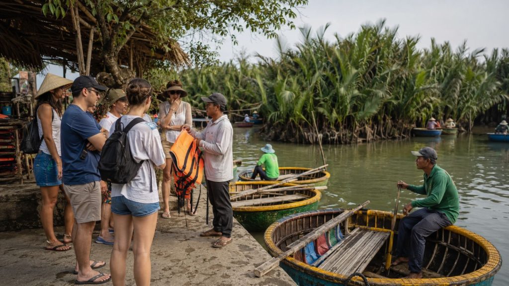 Local guide briefing tourists before a coconut basket boat ride in Cam Thanh, Hoi An.