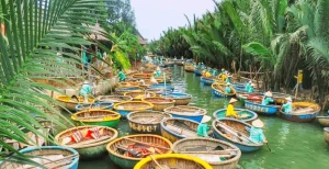 Basket boat tour through emerald nipa palm canals at Cam Thanh coconut forest, rated the best day trip from Da Nang
