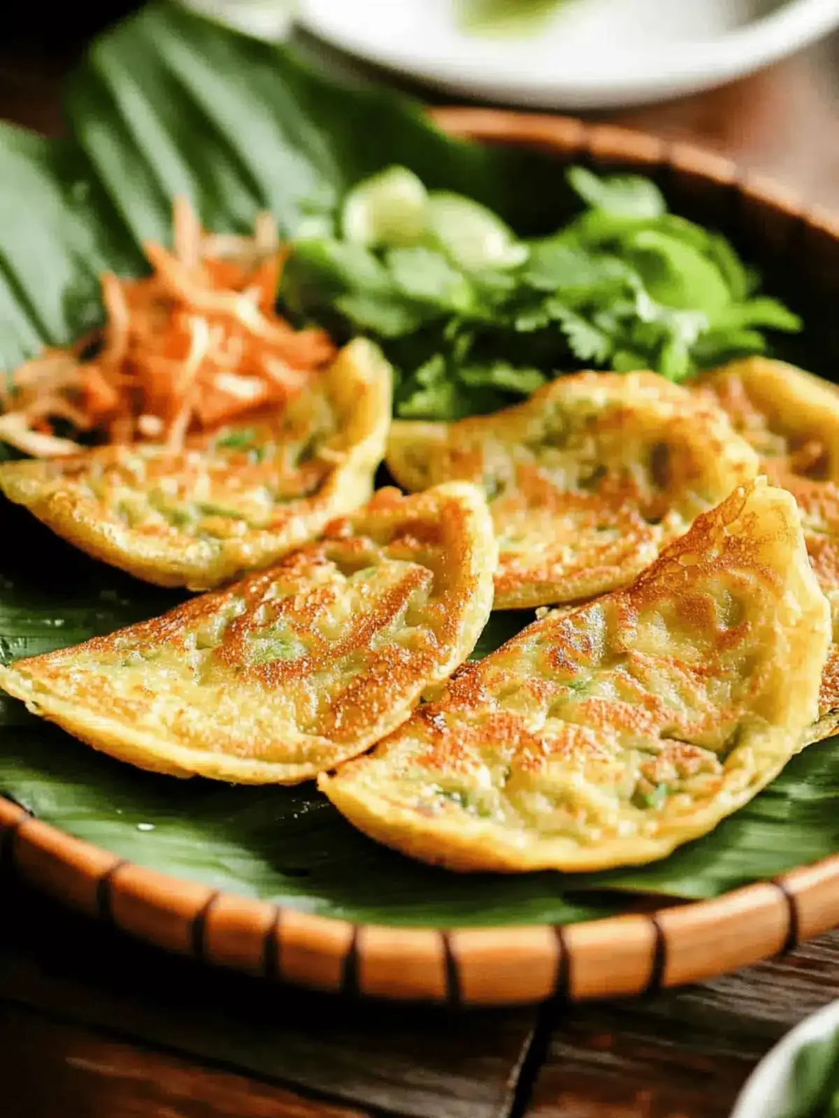Authentic Banh Xeo crispy sizzling Vietnamese crepe freshly prepared at riverside restaurant in Cam Thanh Hoi An