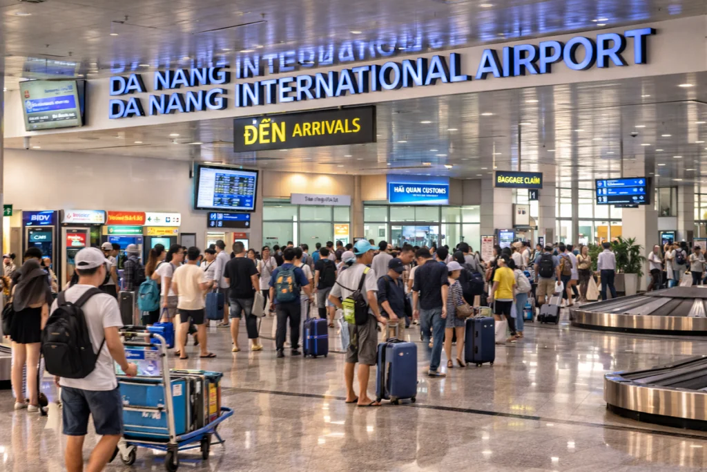 Da Nang International Airport (DAD) modern terminal exterior with arrival signage for travelers heading to Hoi An