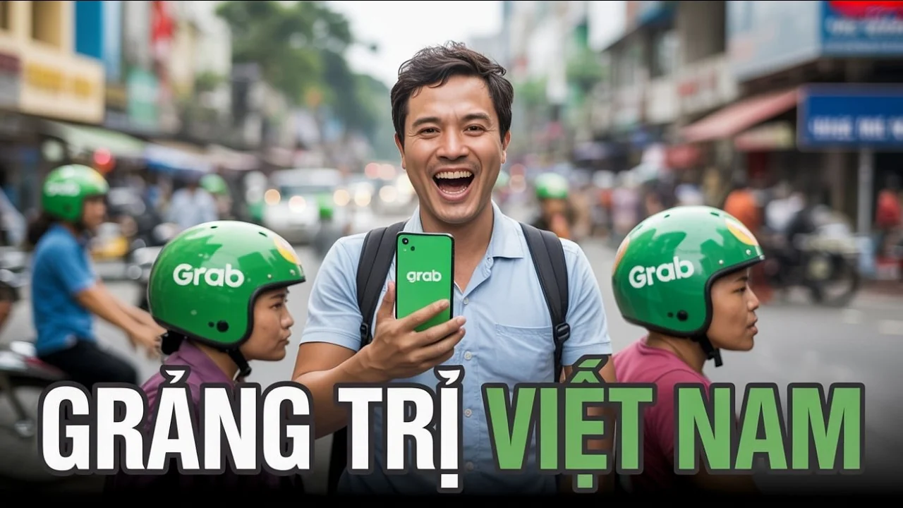 Tourist using Grab ride-hailing app on smartphone to book a car transfer from Da Nang to Hoi An in Vietnam