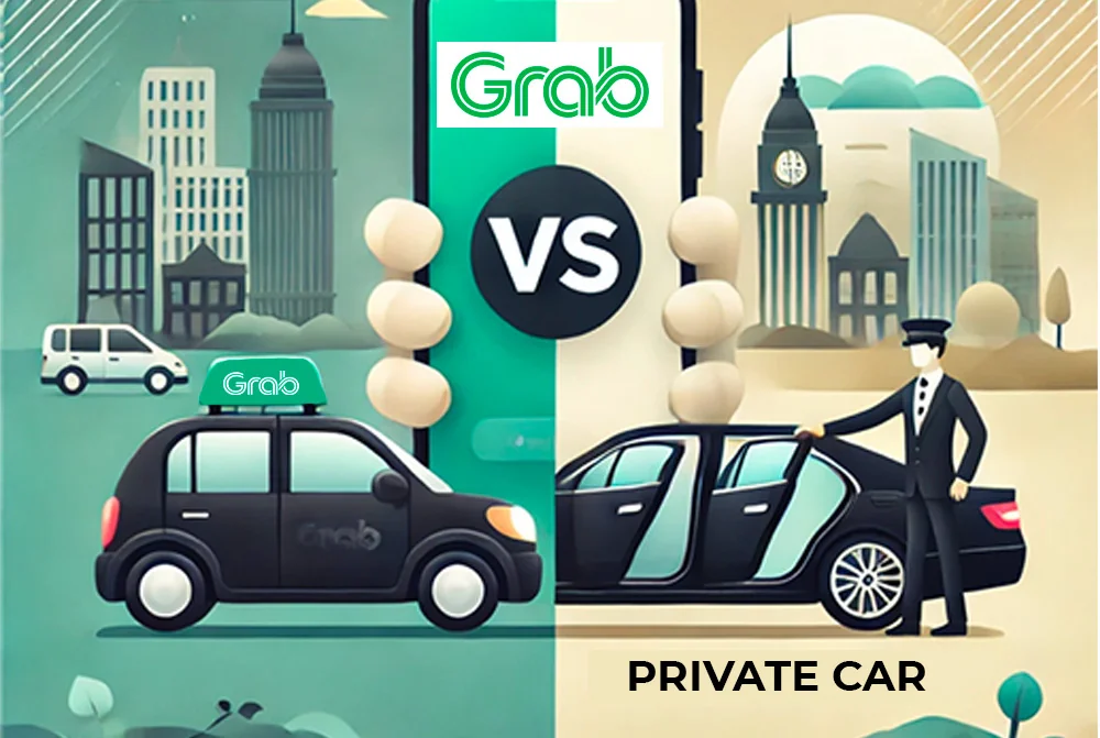 Side by side comparison of Grab ride-hailing app versus pre-booked private car transfer options for Da Nang to Hoi An route