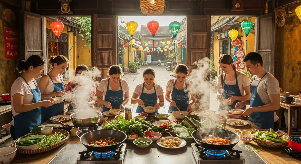 Coconut Boat Tour and Cooking Class Combo Hoi An Guide 1 Guests learning to prepare authentic Vietnamese dishes including Cao Lau and Banh Xeo during Hoi An cooking class combo tour