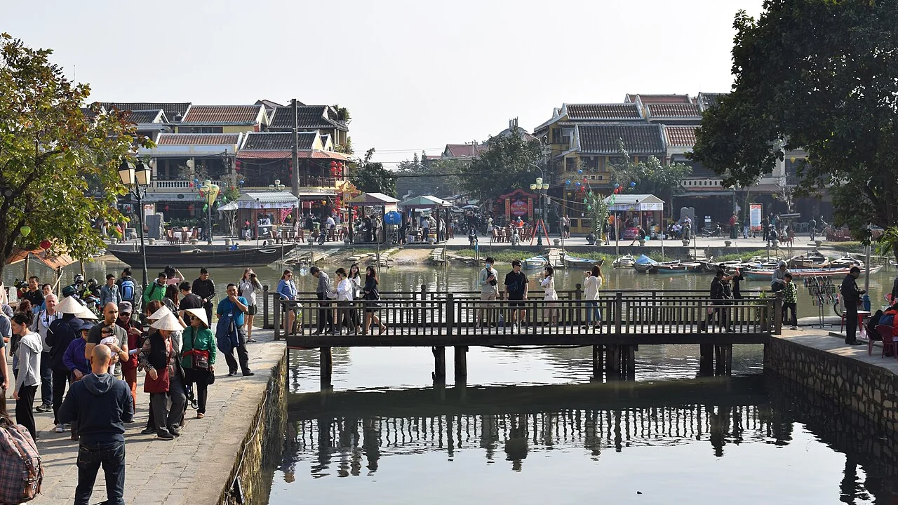 Clear view from Japanese Covered Bridge in Hoi An during dry spring months